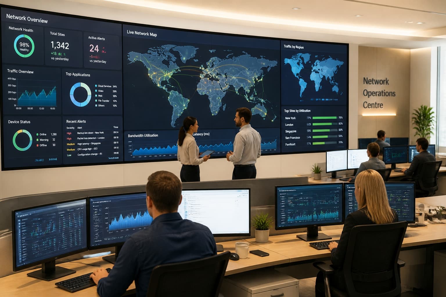 Engineers monitoring Hyperia network operations